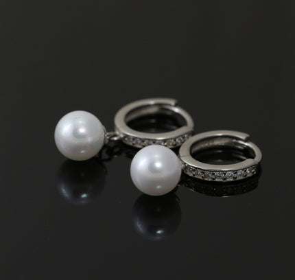 Silver Pearl Drop Hoops