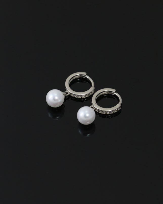 Silver Pearl Drop Hoops