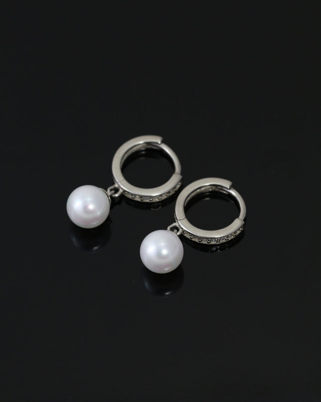 Silver Pearl Drop Hoops