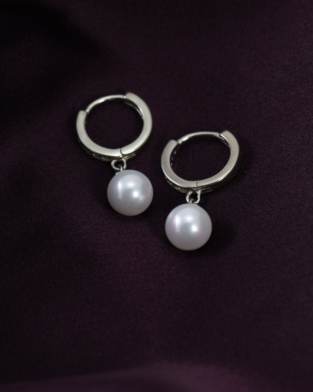 Silver Pearl Drop Hoops