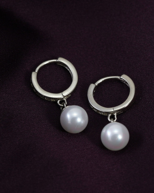 Silver Pearl Drop Hoops