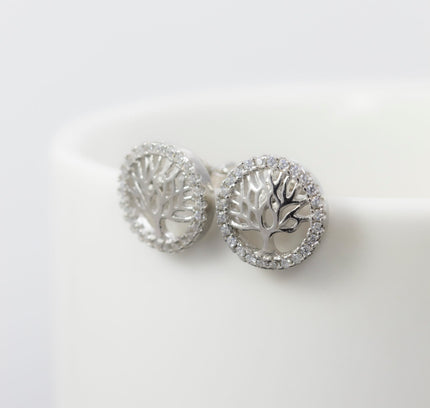 Silver Zircon Tree of Life Earrings