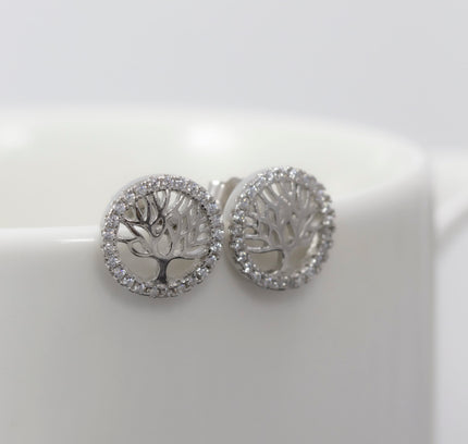 Silver Zircon Tree of Life Earrings