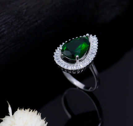 Silver Zircona Pear Emerald Ring