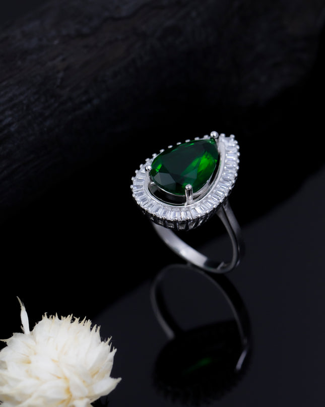 Silver Zircona Pear Emerald Ring
