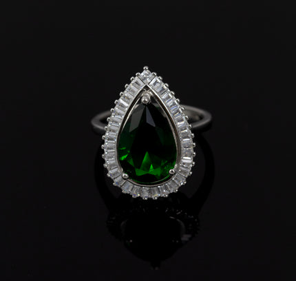 Silver Zircona Pear Emerald Ring
