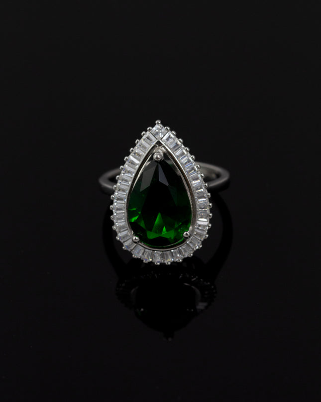 Silver Zircona Pear Emerald Ring