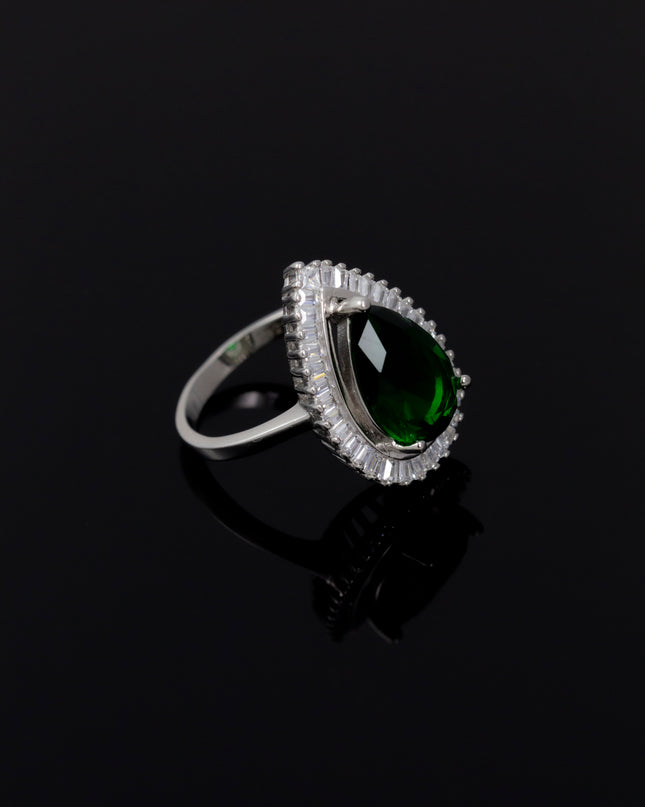 Silver Zircona Pear Emerald Ring