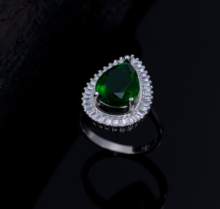 Silver Zircona Pear Emerald Ring