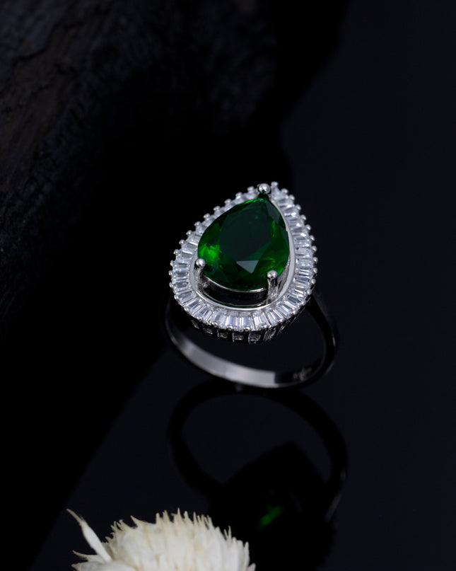 Silver Zircona Pear Emerald Ring