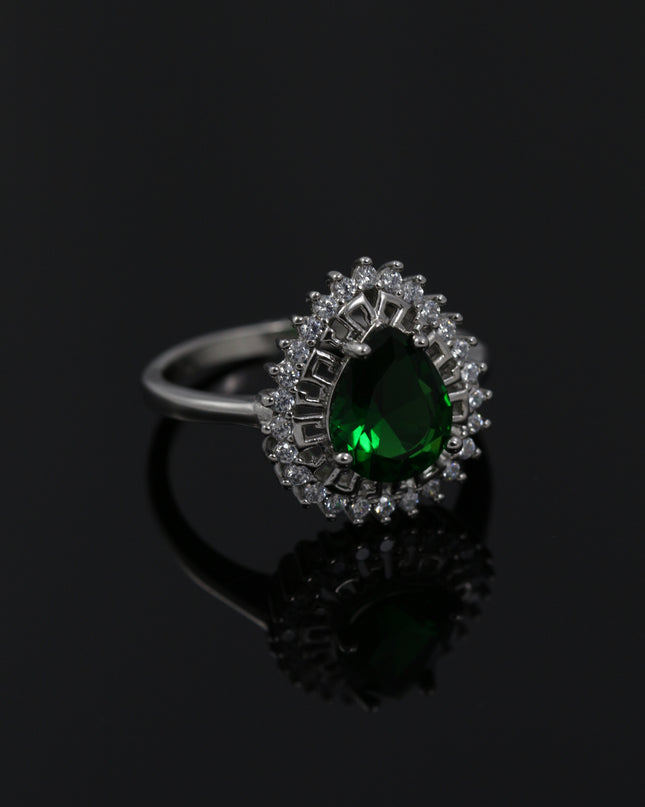 Silver Zircona Bijou Pear Emerald Ring